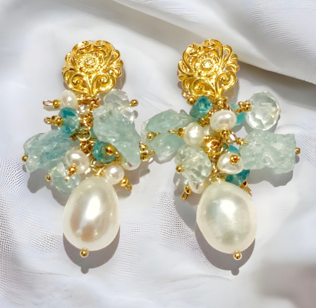 Aquamarine Gemstone Pearl Cluster Earrings Gold Post
