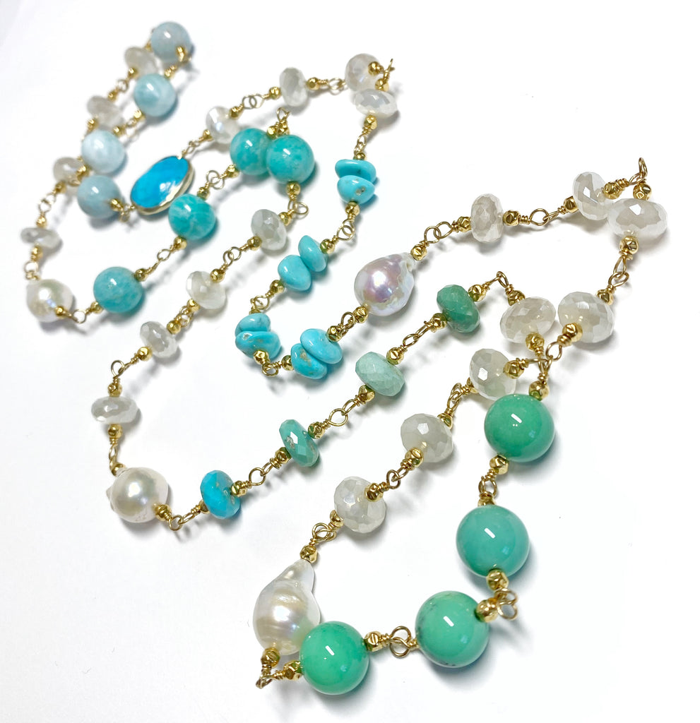 Long Multi Gemstone Pearl Necklace Larimar Sleeping Beauty Turquoise Gold Fill