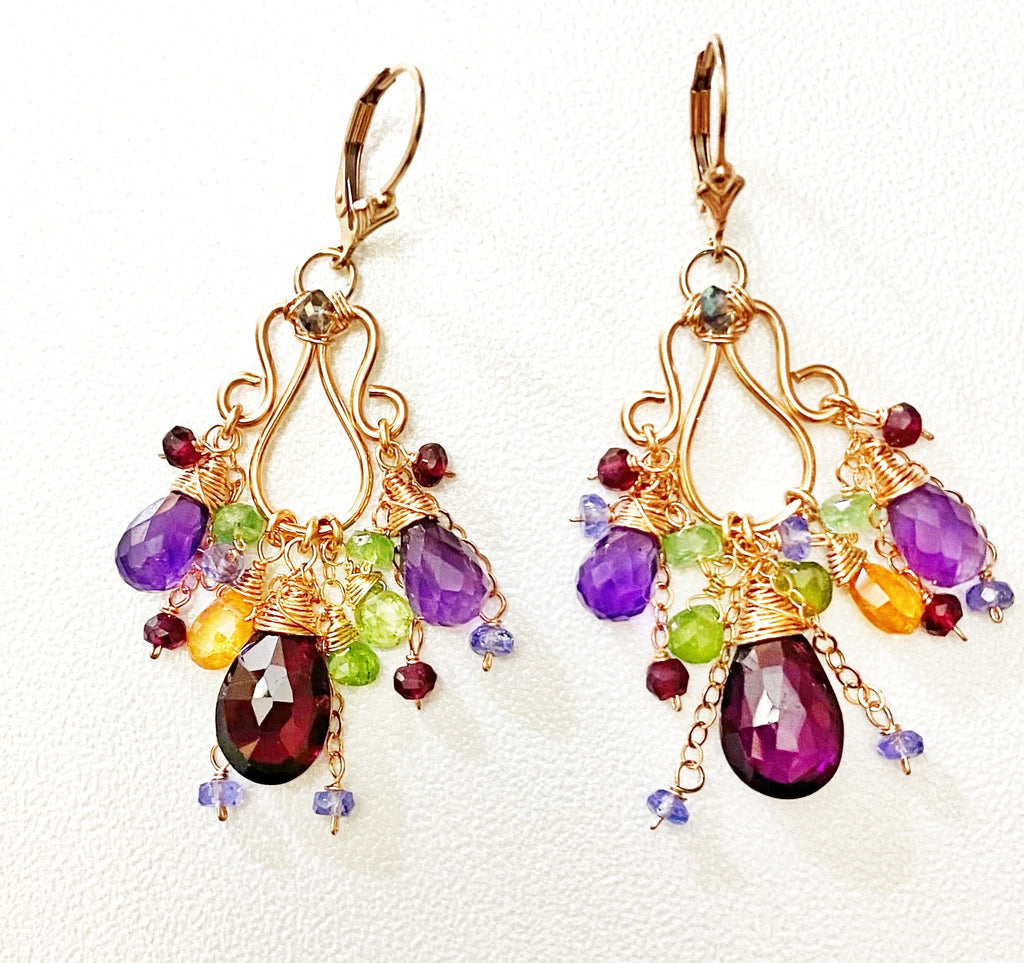 Rose Gold Chandelier Earrings Rhodolite Garnet Amethyst Lever Back