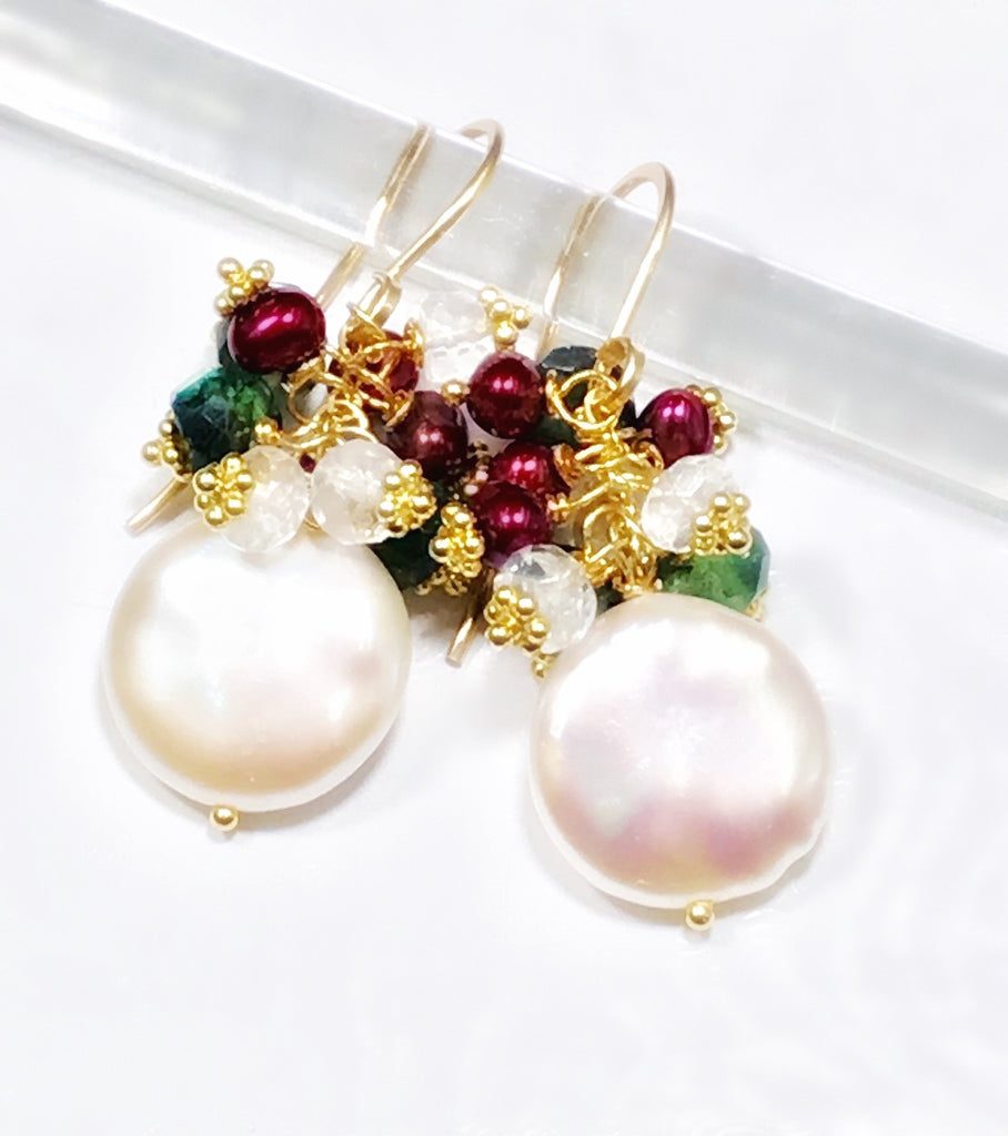 Coin Pearl & Green Moonstone Red Pearl Cluster Earrings