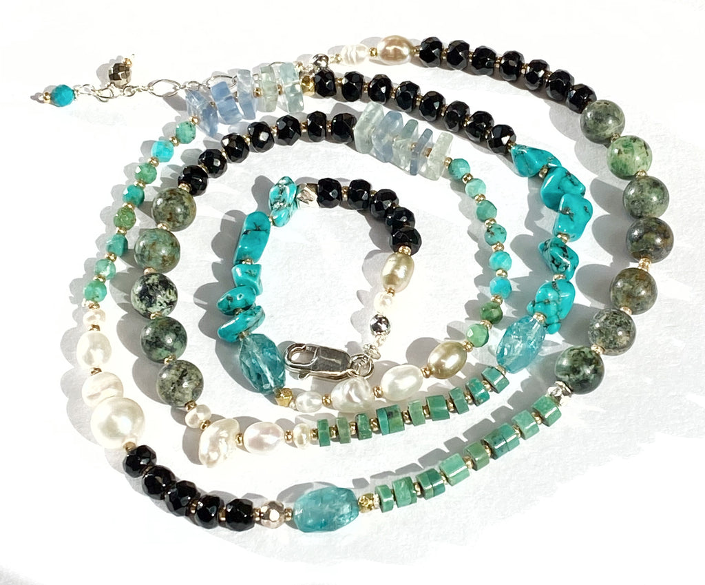 Turquoise Wrap Bracelet Necklace with Freshwater Pearl, Black Onyx, Apatite