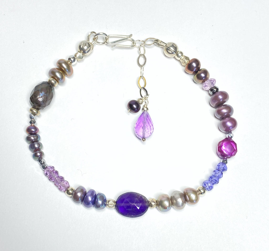 Amethyst Gem and Pearl Bracelet Sterling Silver