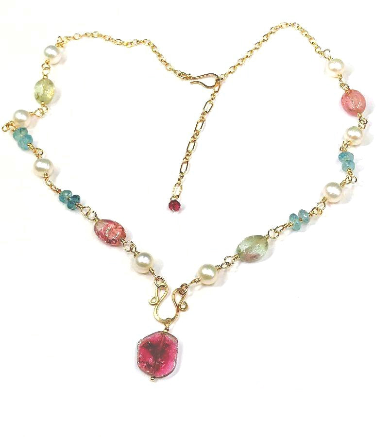 Pink Watermelon Tourmaline and Pearl Gold Fill Necklace - doolittlejewelry