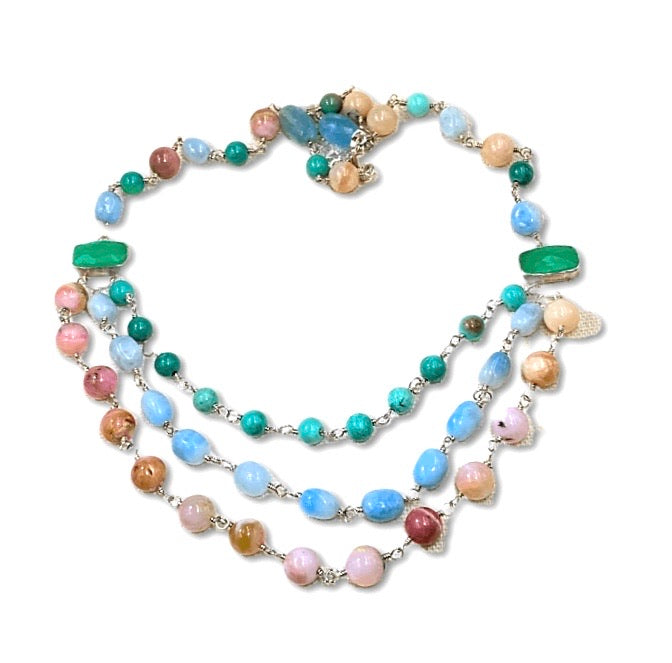 Multi-strand Necklace Multi-color Gemstone Wire Wrapped Opal Chrysoprase Aquamarine - doolittlejewelry