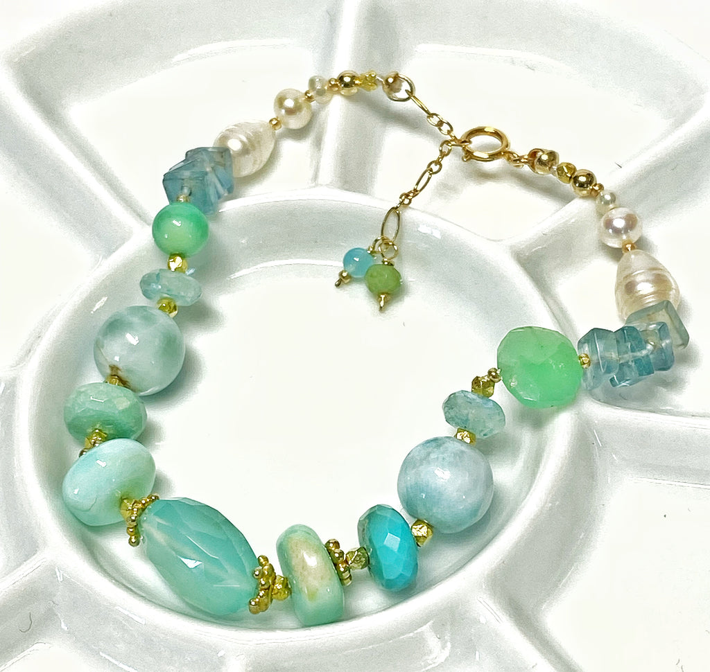 Aqua Chalcedony, Pearl and Gem Silk Knot Bracelet