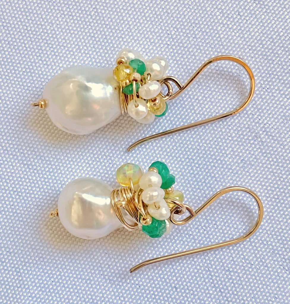 Emerald, Opal and Pearl Cluster Earrings Gold Fill