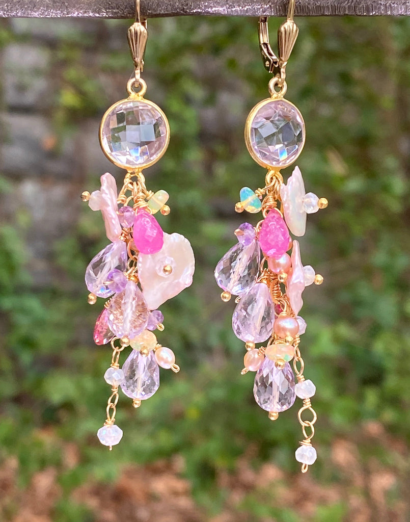 Keishi Pearl Pastel Pink Lavender Cascade Wedding Earrings