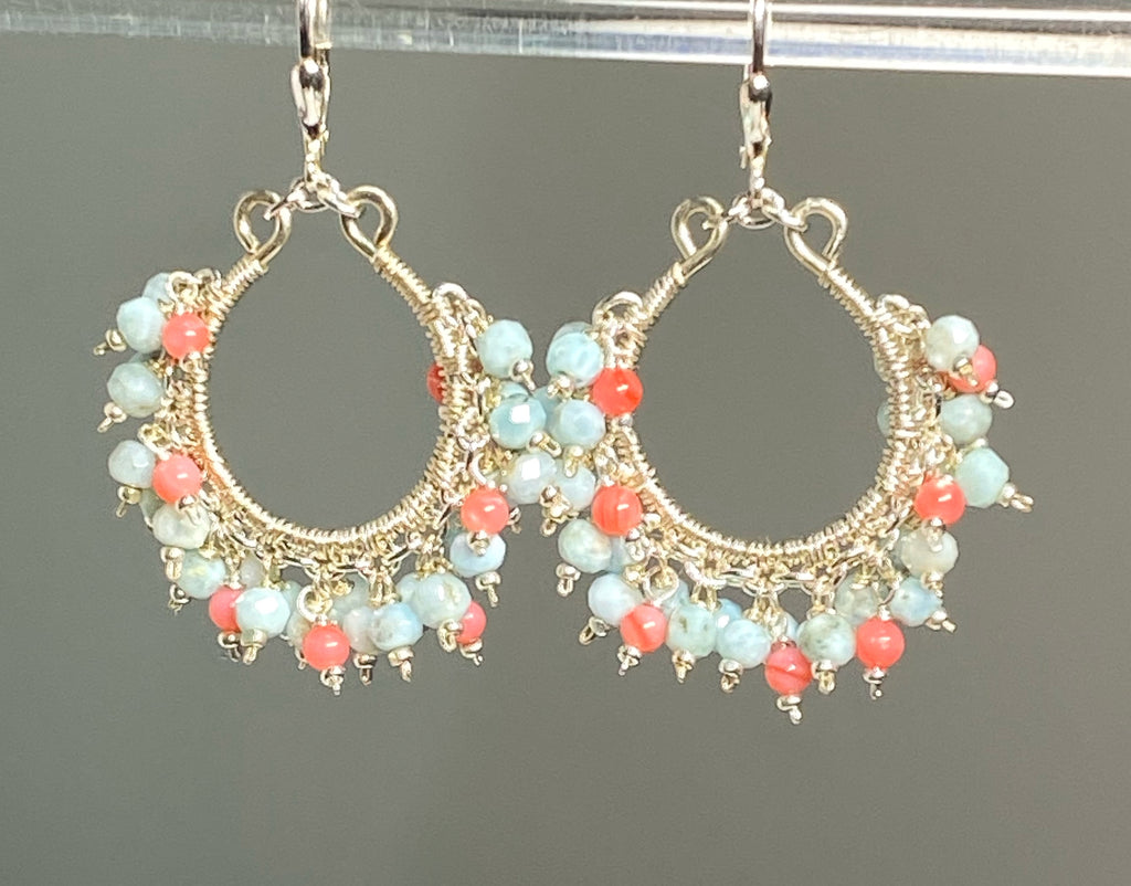 larimar and coral beaded hoop earrings