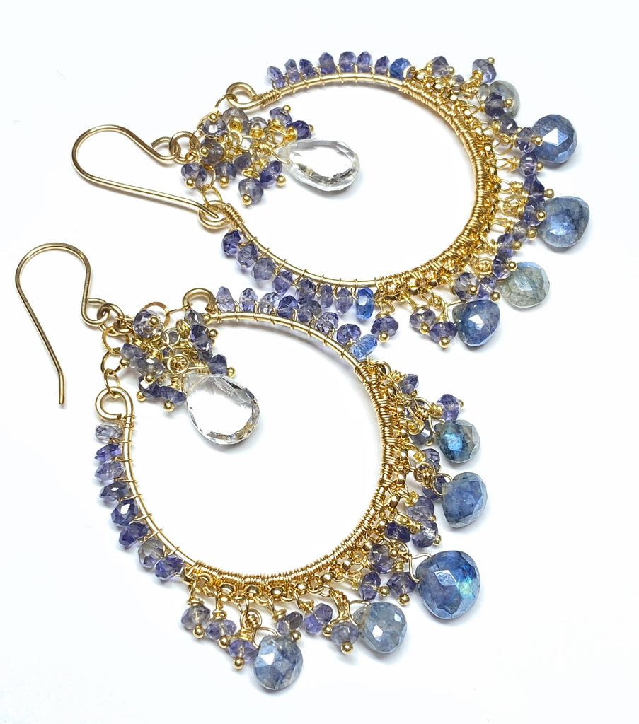 Blue Gemstone Hoop Chandelier Earrings Wire Wrap Sapphire