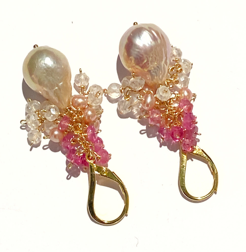 Blush Baroque Pearl Earring Pink Sapphire Gem Cascade Wedding Earrings