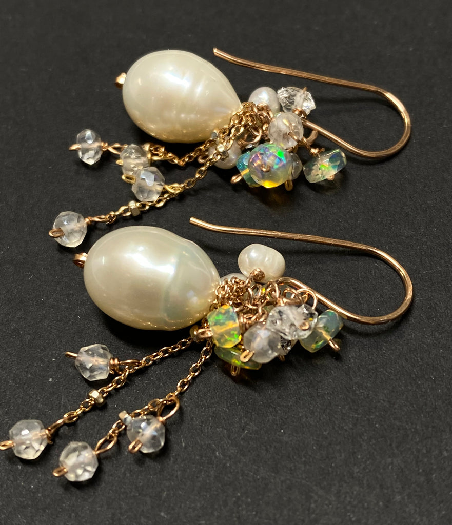 Rose Gold, Opal Cluster, Pearl Earrings
