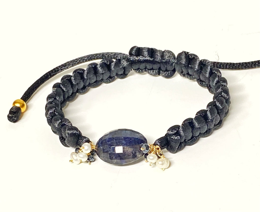 Black Labradorite Knotted Macramé Adjustable Bracelet