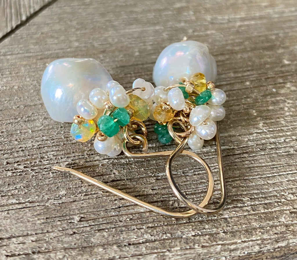 Emerald, Opal and Pearl Cluster Earrings Gold Fill