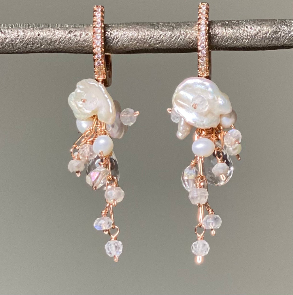 Rose Gold Crystal Quartz Bridal Dangle Earrings with Keishi Pearls