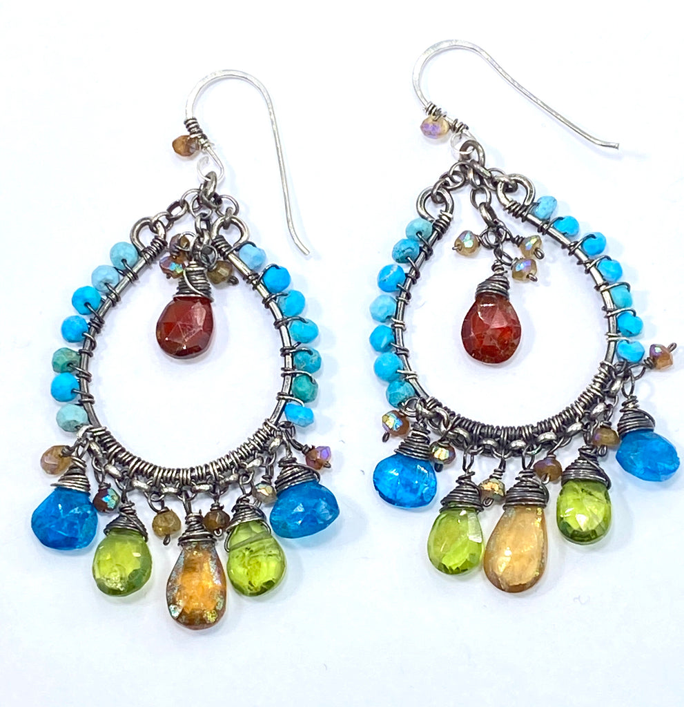 Multi-color Gemstone Oxidized Silver Boho Hoop Earrings Turquoise Peridot Mystic Hessonite - doolittlejewelry