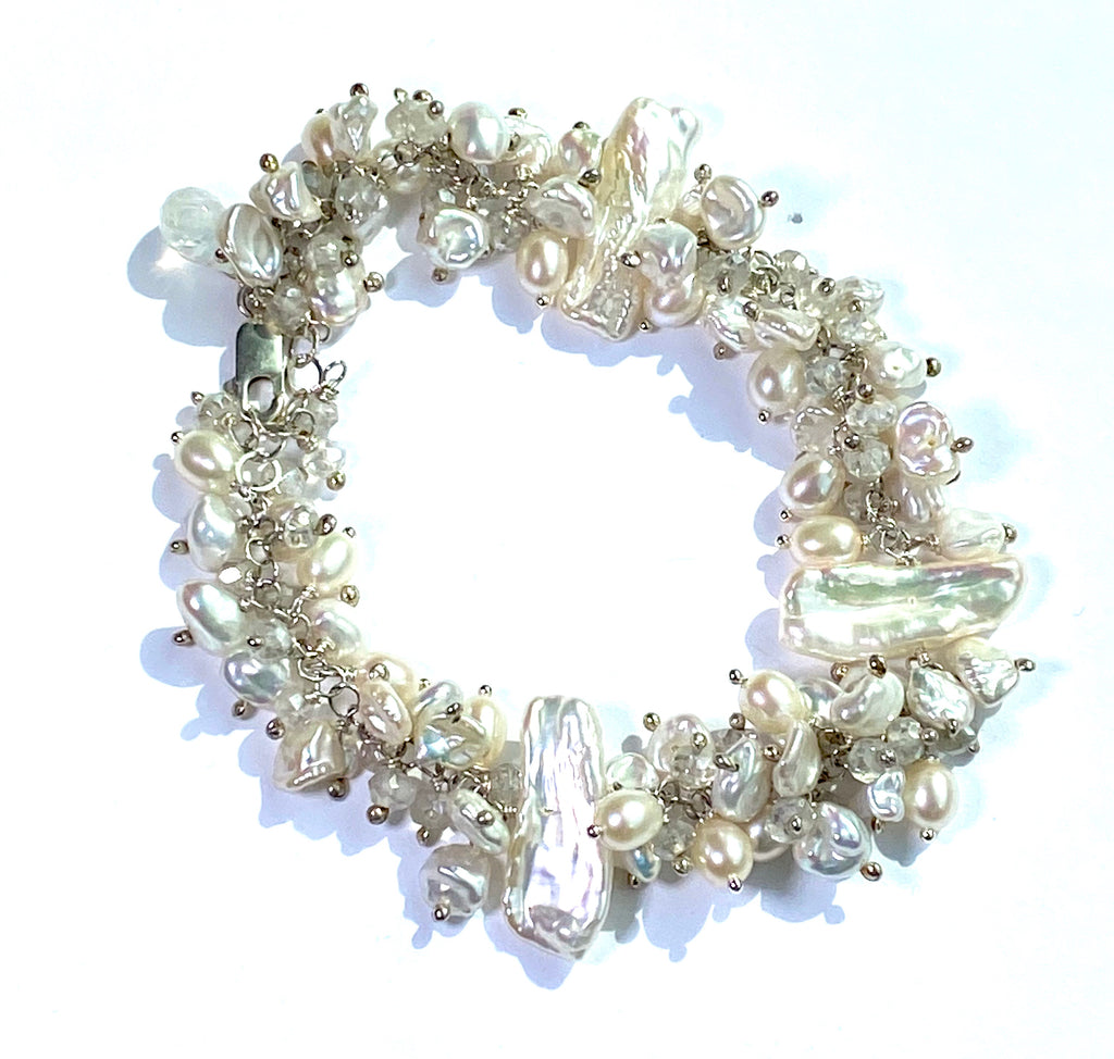 Keishi Pearl Bridal Bracelet Sterling Silver Mystic Crystal Pearl Cluster - doolittlejewelry