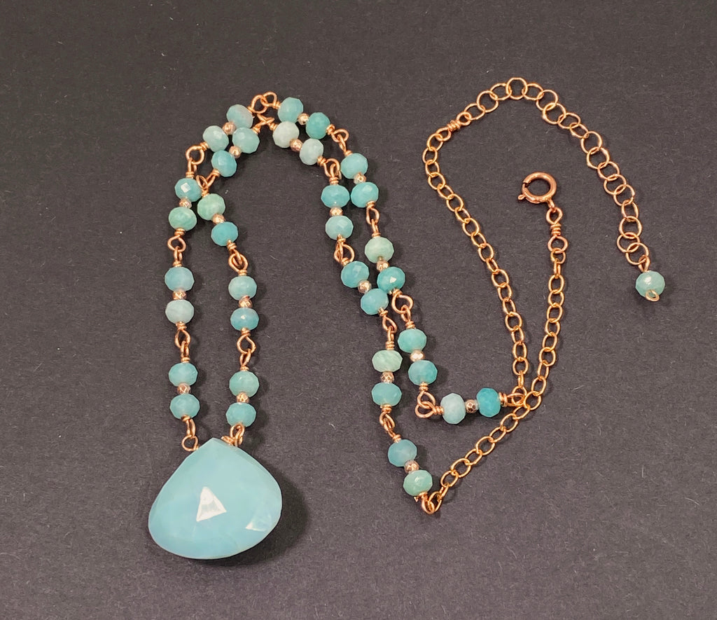Blue Peruvian Opal, Amazonite, Rose Gold Wire Wrapped Pendant Necklace - doolittlejewelry