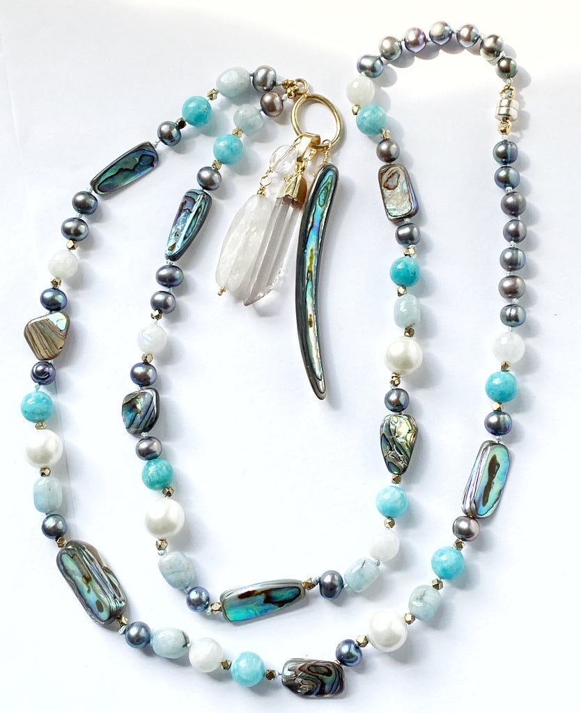 Abalone Long Necklace with Aquamarine, Moonstone, Pearl