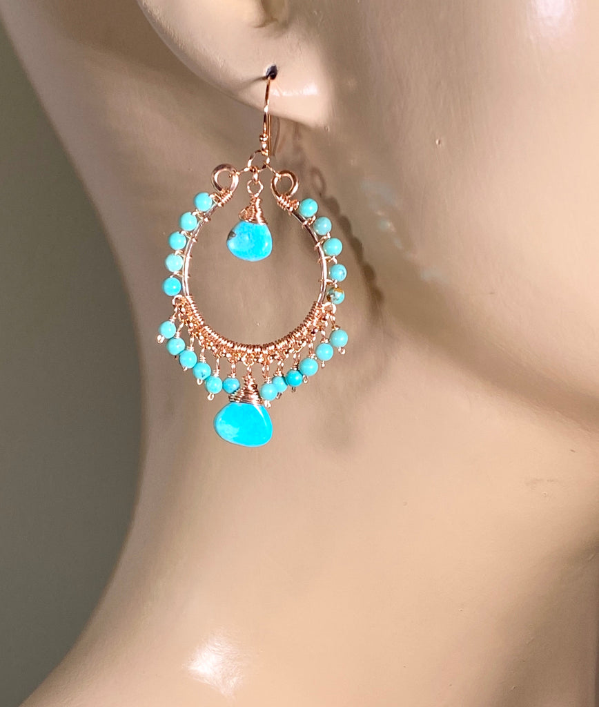 Turquoise Gemstone Rose Gold Hoop Earrings Kingman Mine - doolittlejewelry