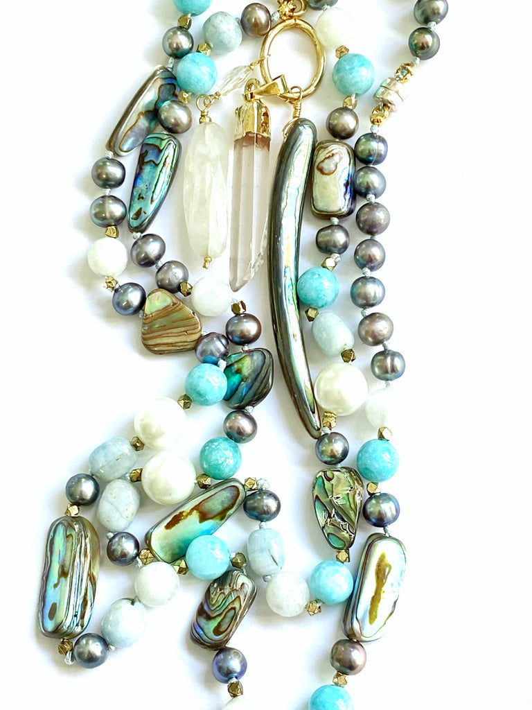 Abalone Long Necklace with Aquamarine, Moonstone, Pearl