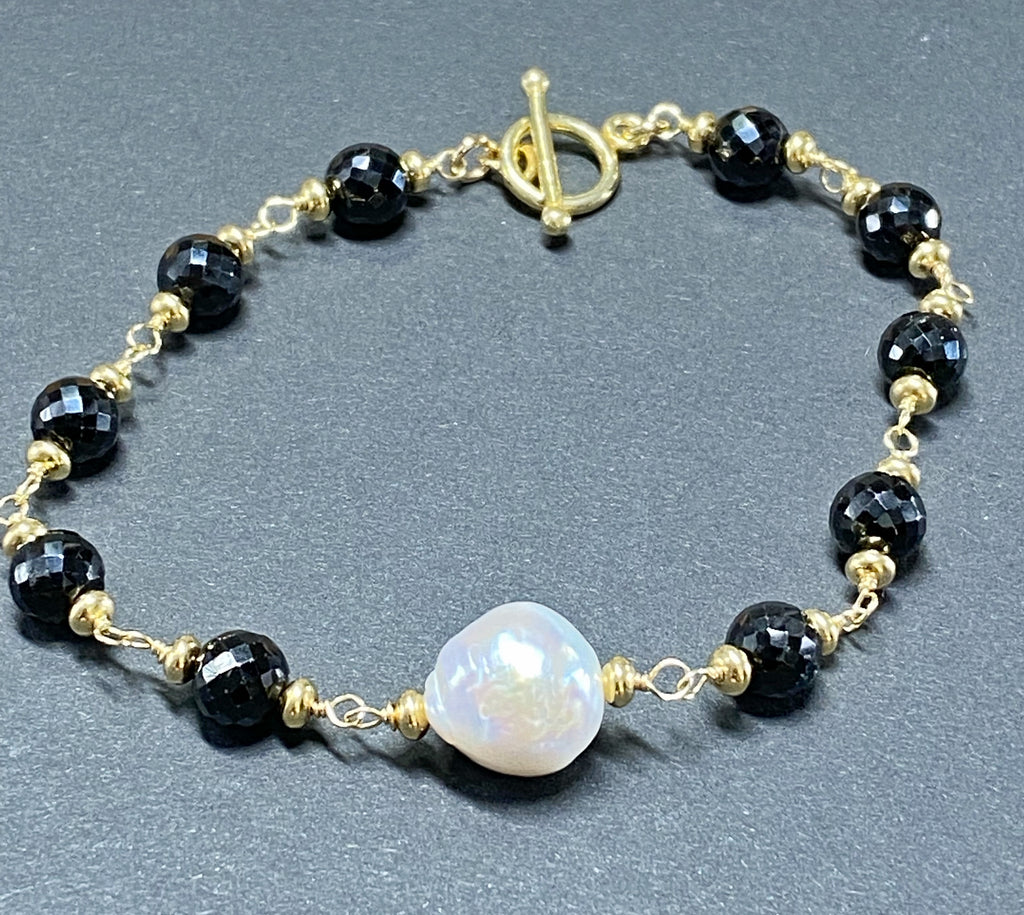 Edison Pearl, Black Spinel Gold Fill Rosary Style Clasp Bracelet