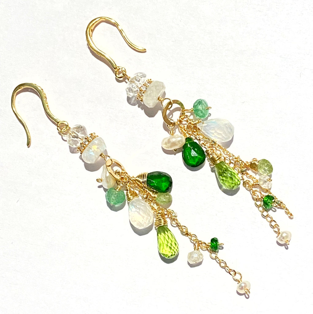 green gemstone long dangle earrings with moonstone, peridot, chrome diopside, gold fill