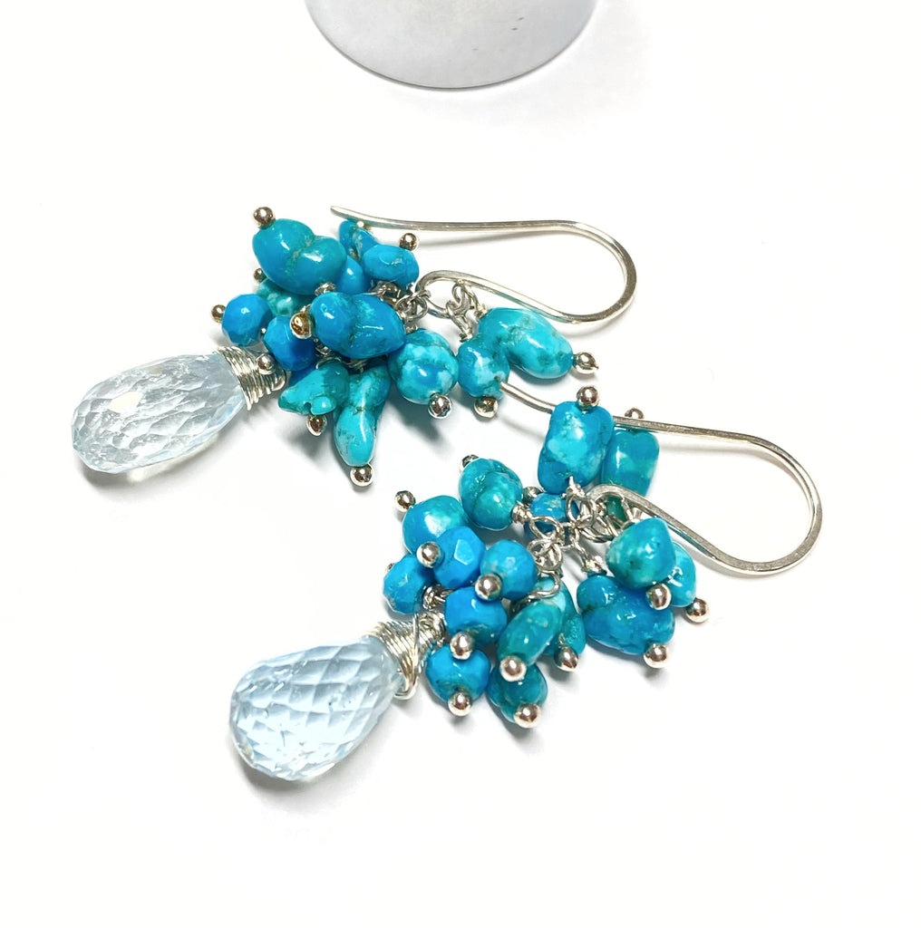 blue topaz earrings with Sleeping Beauty turquoise clusters in sterling silver