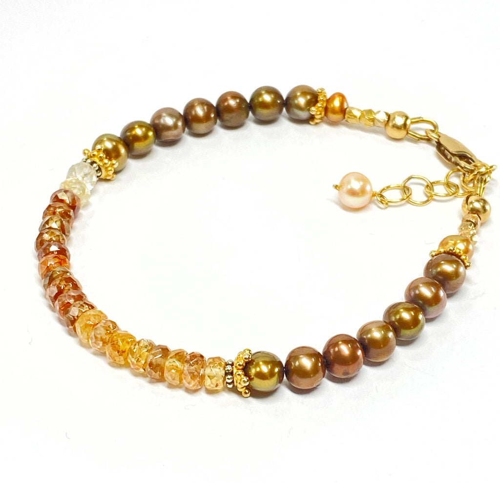 Natural Zircon Gemstone Golden Pearl Dainty Bracelet Gold Fill