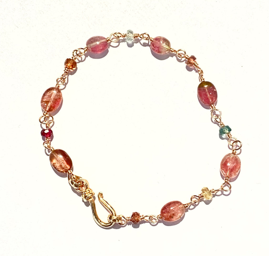 Watermelon Tourmaline Rose Gold Fill Rosary Style Bracelet Wire Wrap