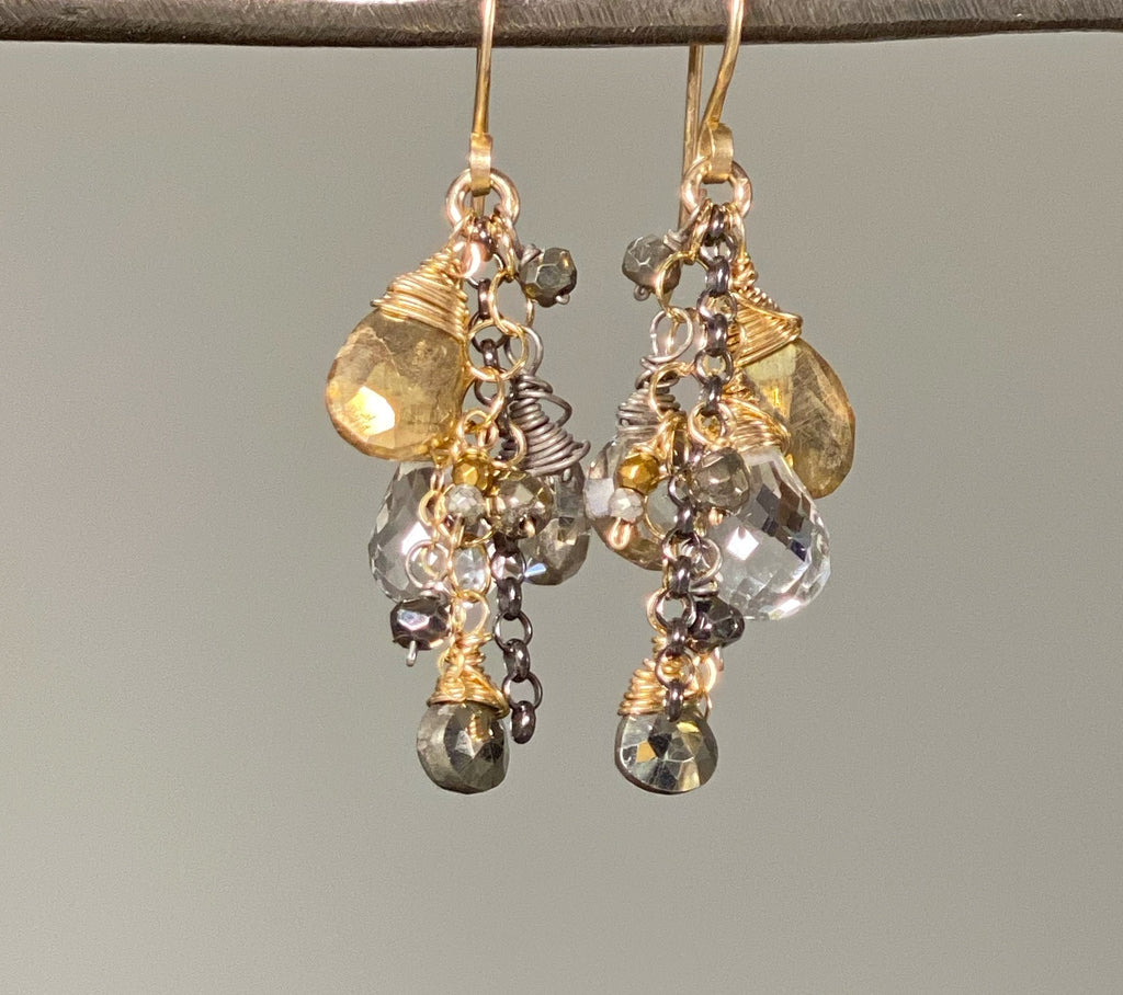 Crystal Quartz and Gold Mixed Metal Dangle Earrings