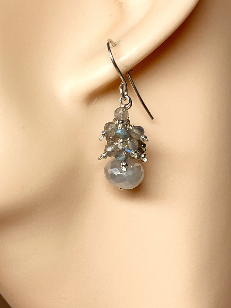 Labradorite Cluster Earrings with Grey Mystic Moonstone Silver
