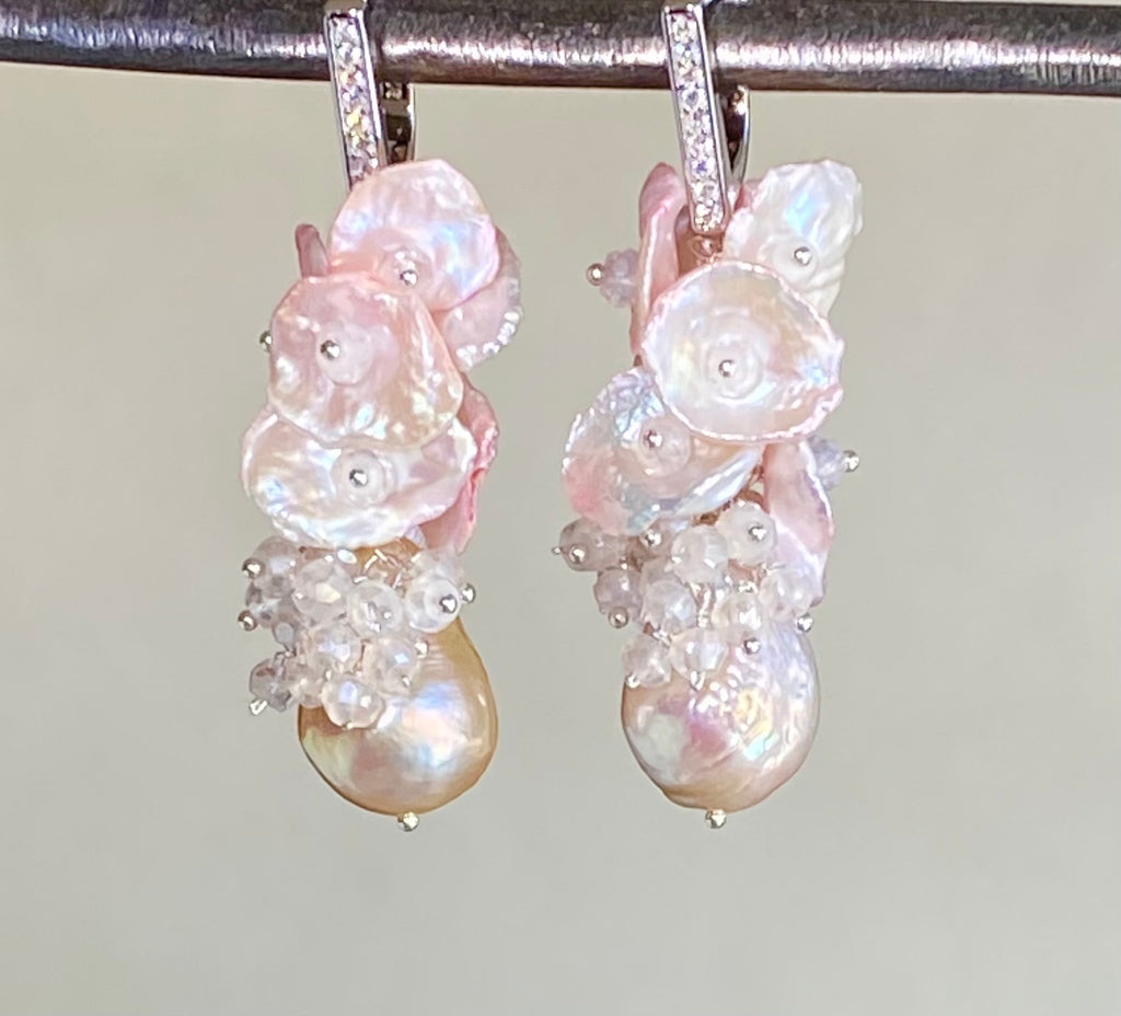 Blush Keishi Pearl Cluster Wedding Earrings Sterling Silver 2