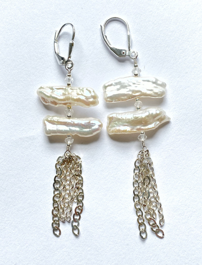 White Biwa Pearl Chain Dangle Earrings Sterling Silver