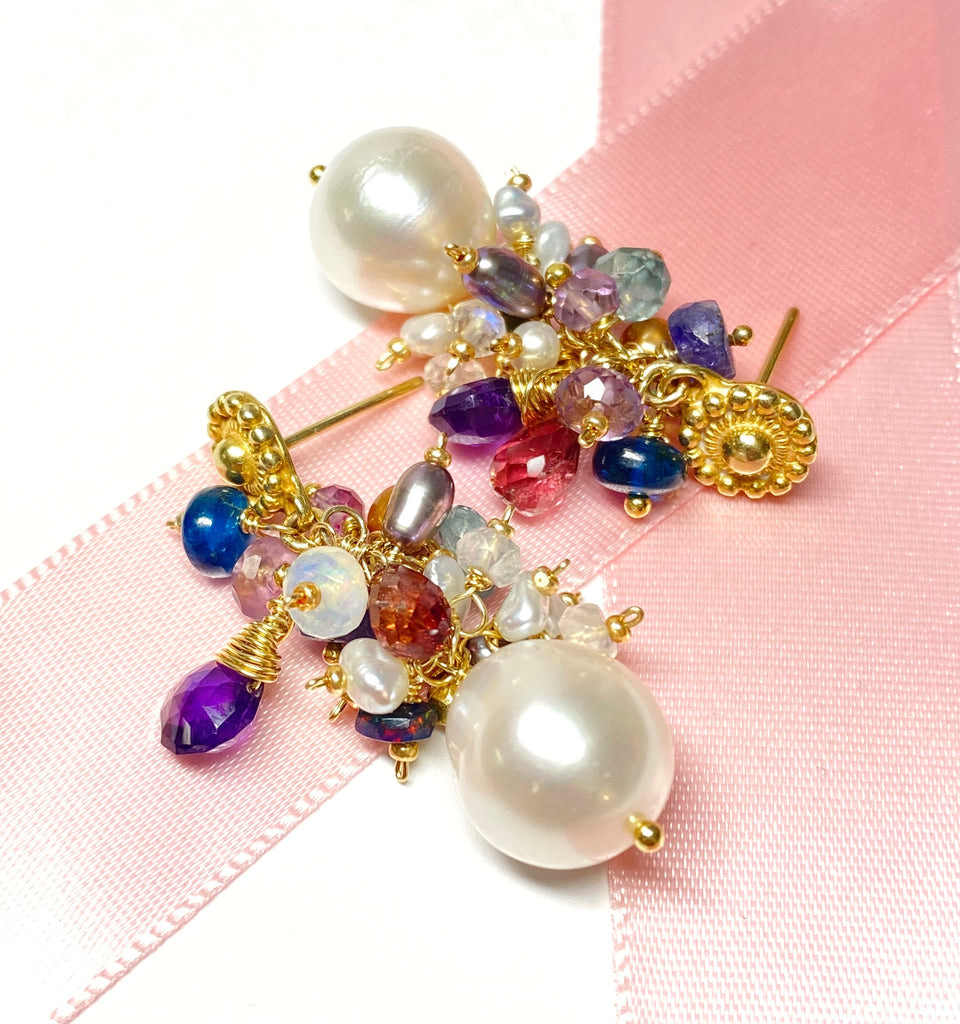 Gemstone Cluster Pearl Earrings, Amethyst, Opal, Pink Tourmaline, Gold Post