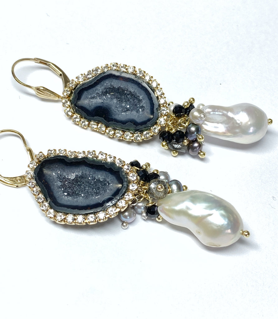 tabasco geode and baroque pearl cluster dangle earrings black and white