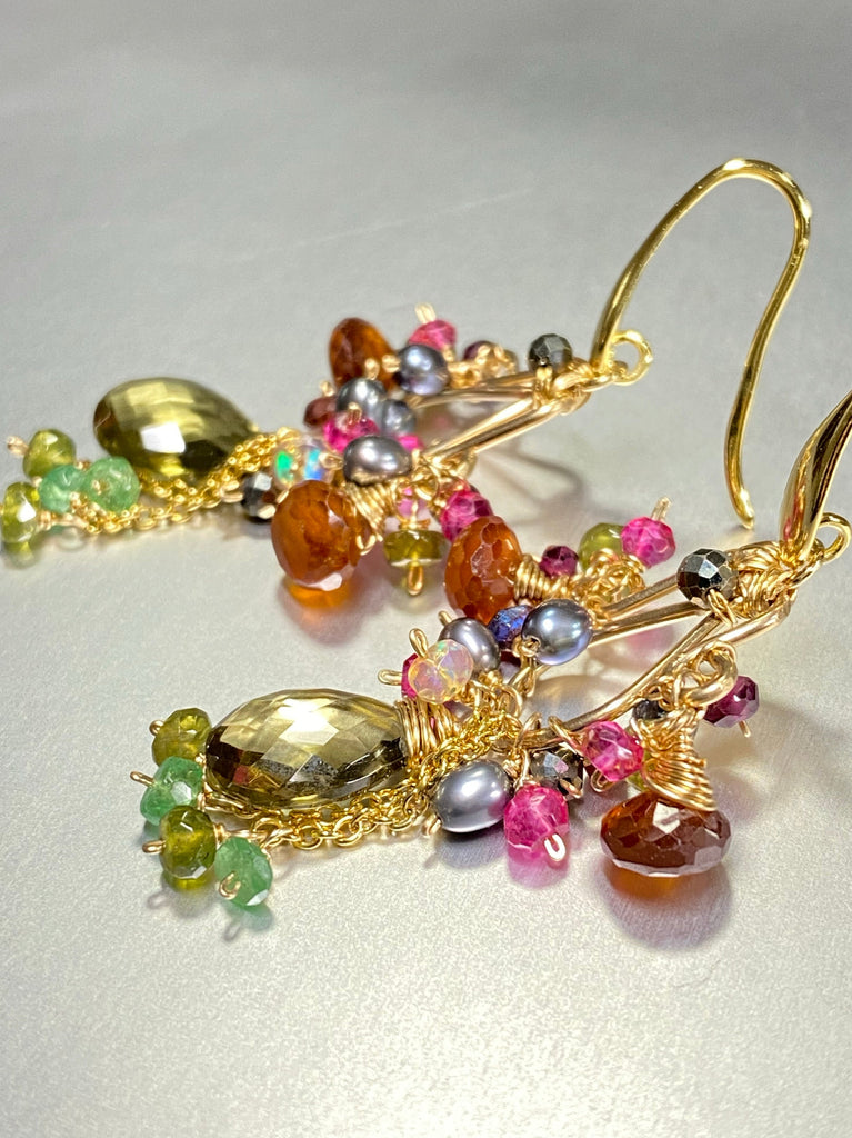 garnet and olive green gemstone chandelier earrings gold