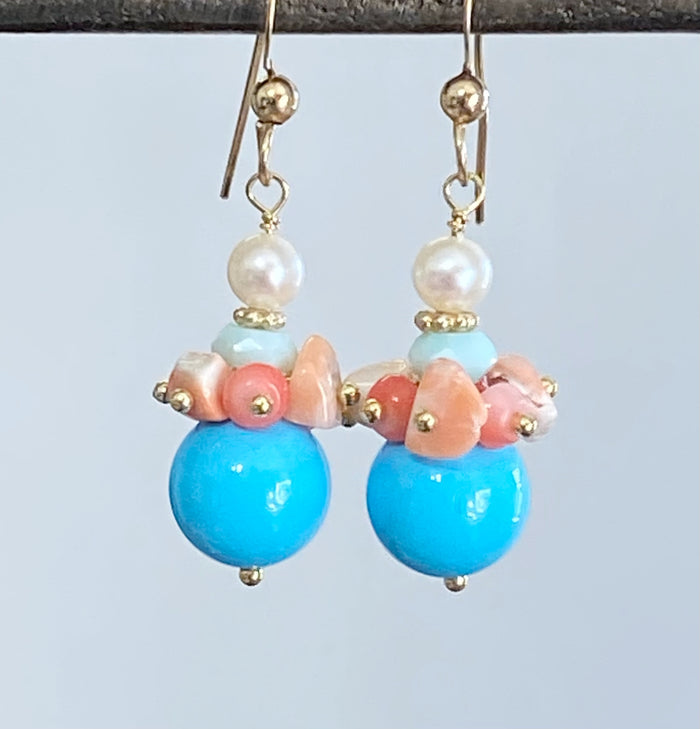 Turquoise, Coral and Pearl Summer Drop Dangle Earrings
