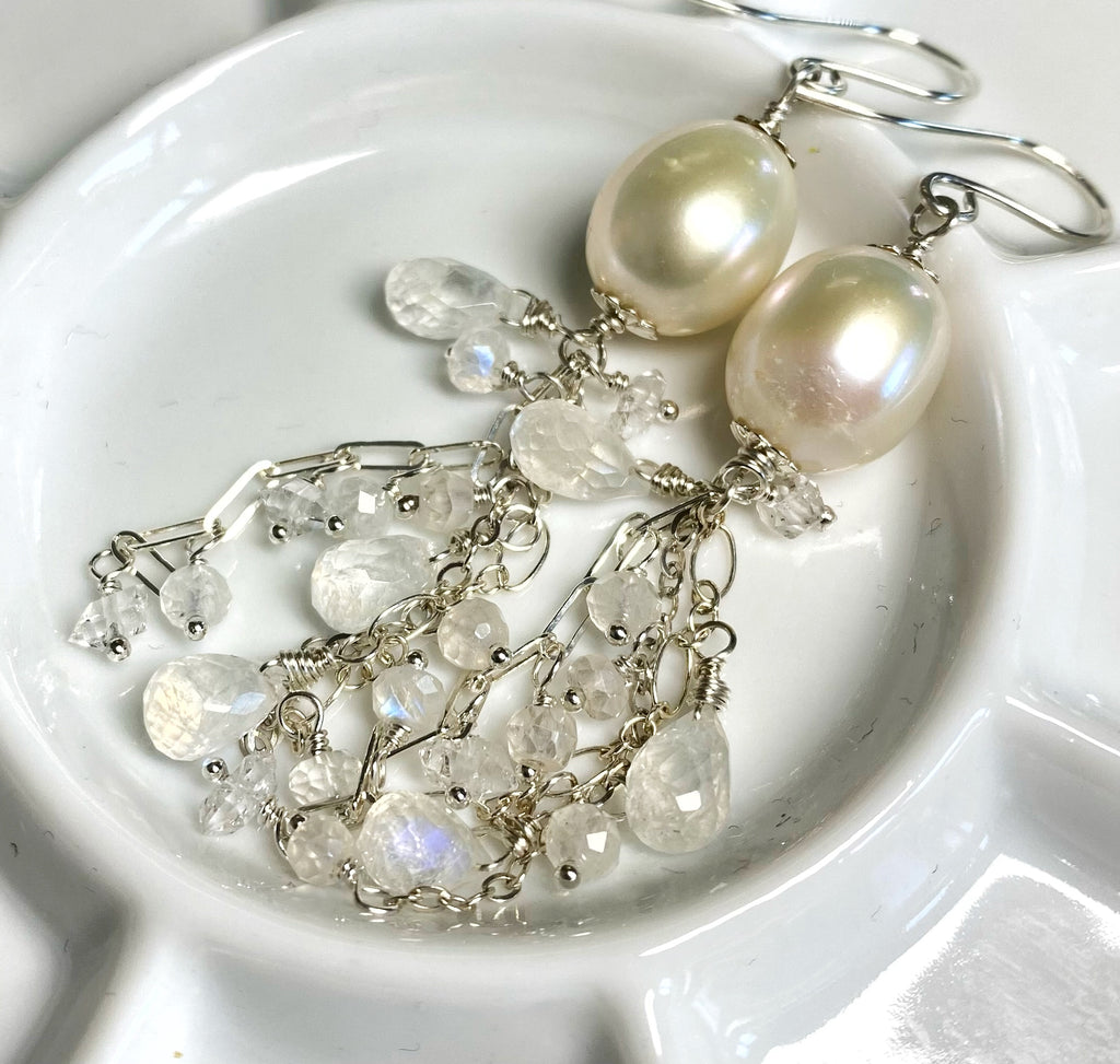 Pearl Moonstone Bridal Dangle Earrings Sterling Silver with Herkimer Diamonds