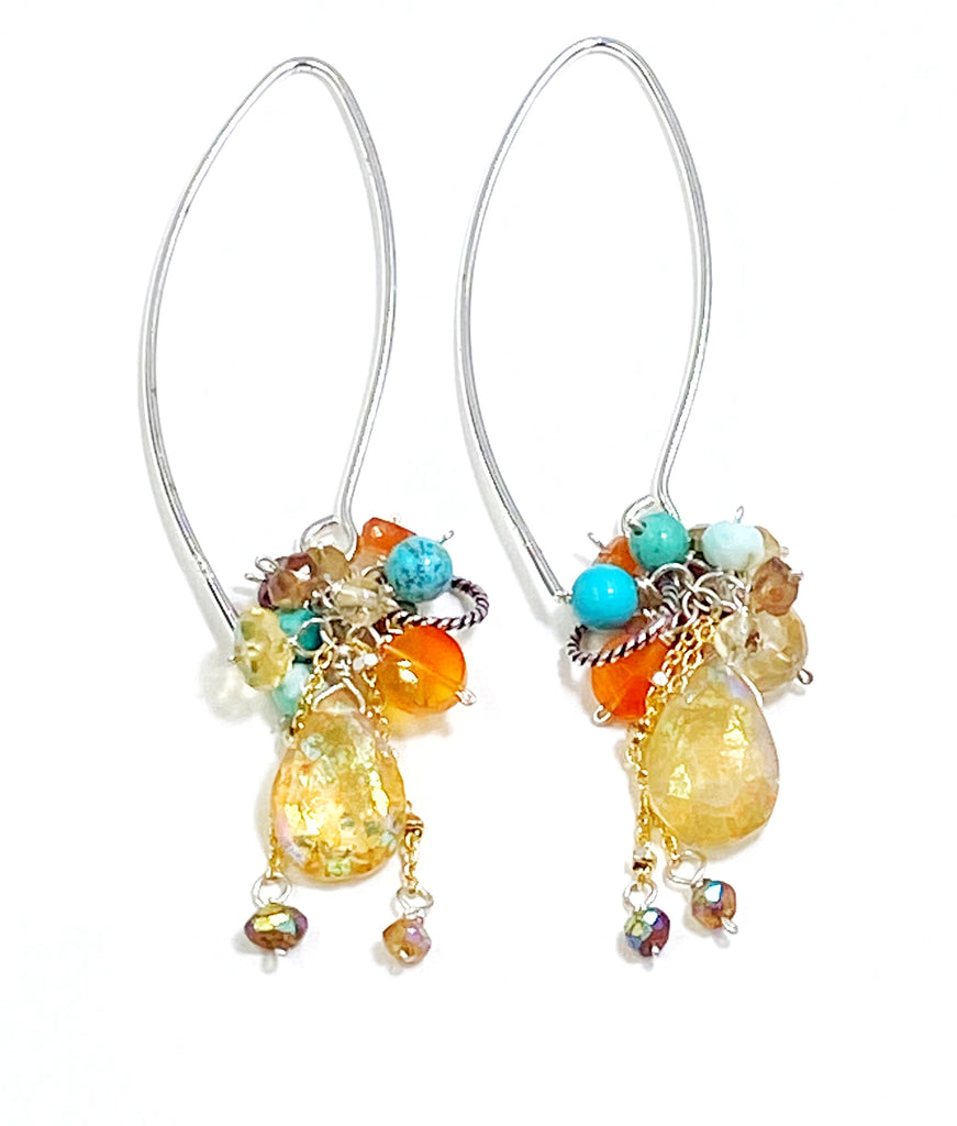 Mystic Citrine Earth Tone Gem Cluster Long Earrings Sterling Silver