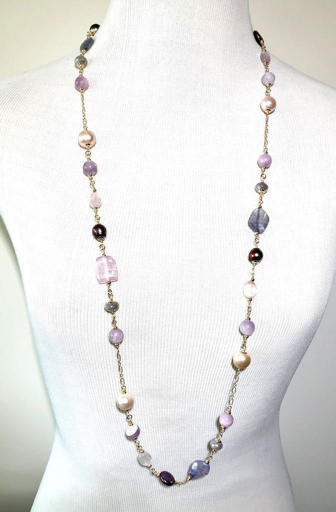 Long Multicolor Gem Stone Necklace Gold Kunzite, Blue Sapphire, Moonstone, Pearl