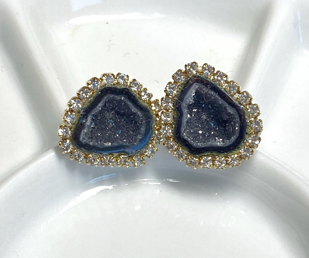 Dark Blue & Gold Post Druzy Earring - Fashion Stud Earrings