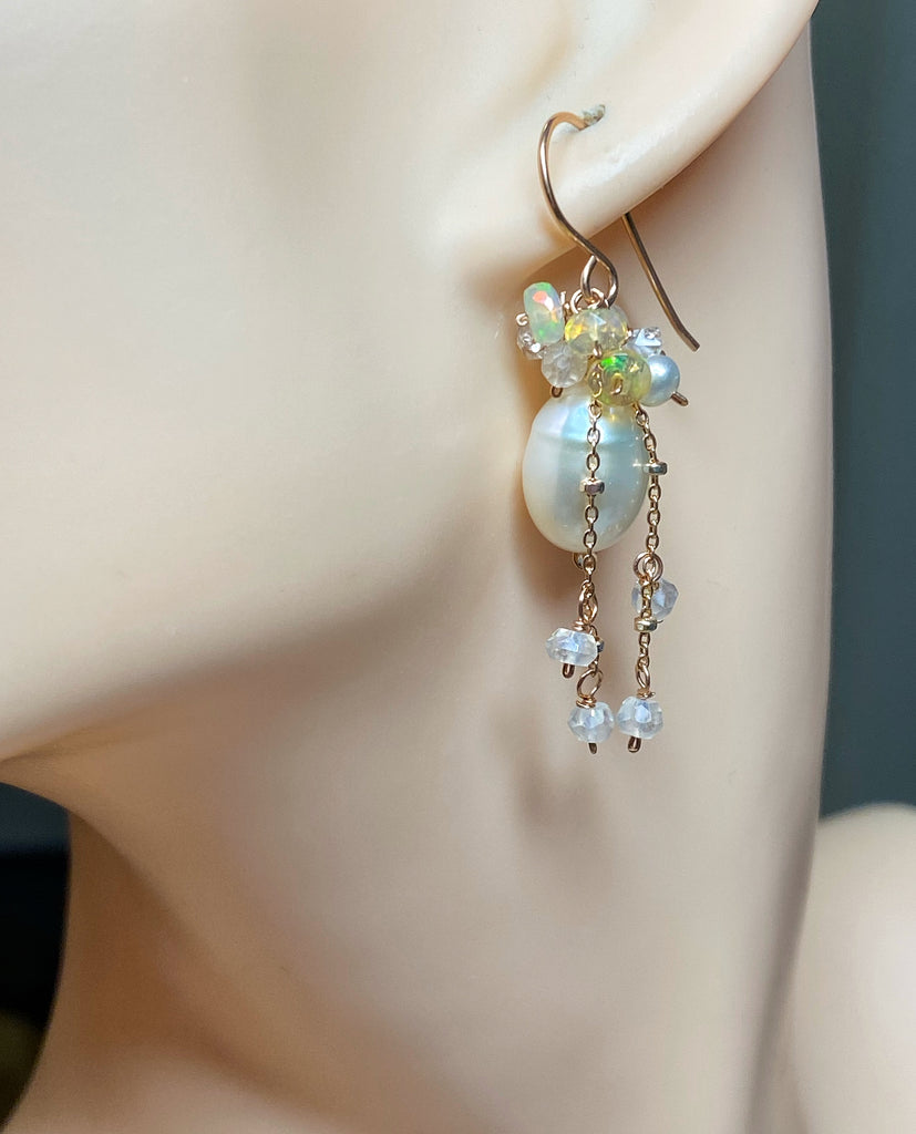 Rose Gold, Opal Cluster, Pearl Earrings