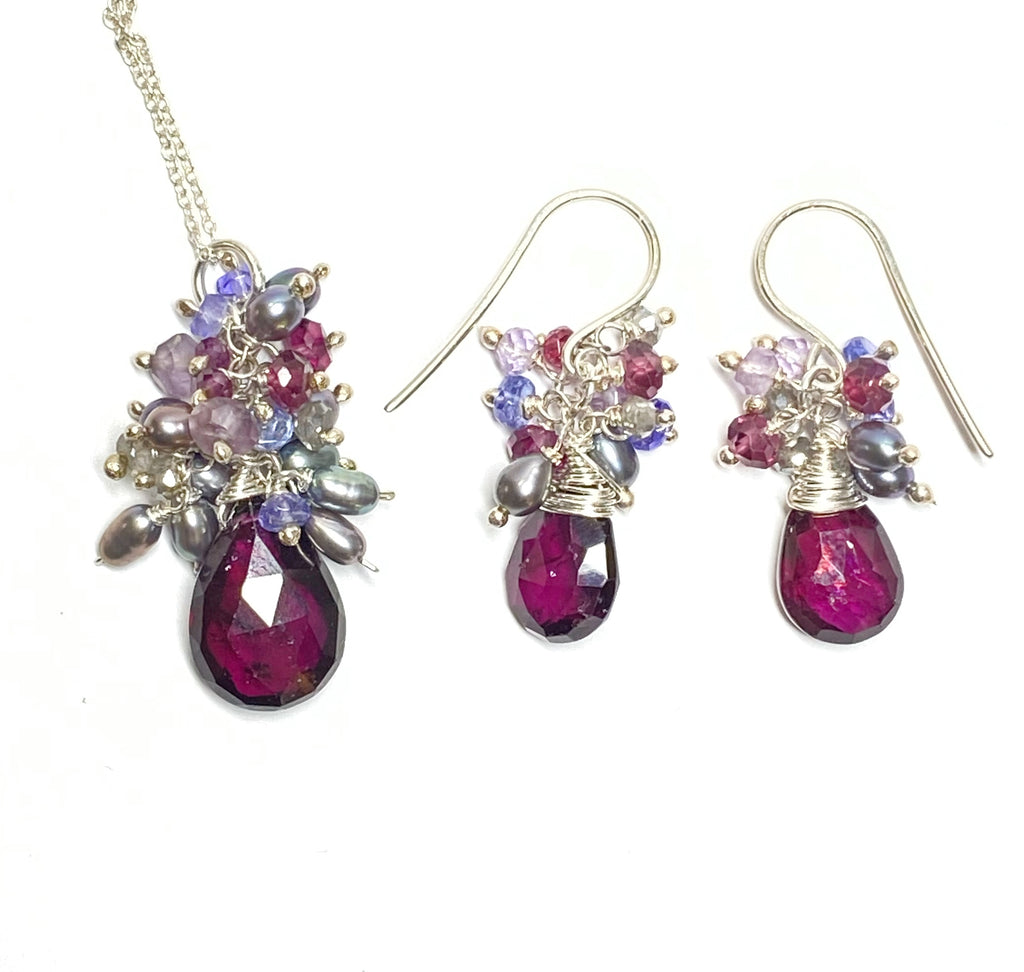 rhodolite garnet gemstone pearl cluster jewelry set necklace earrings