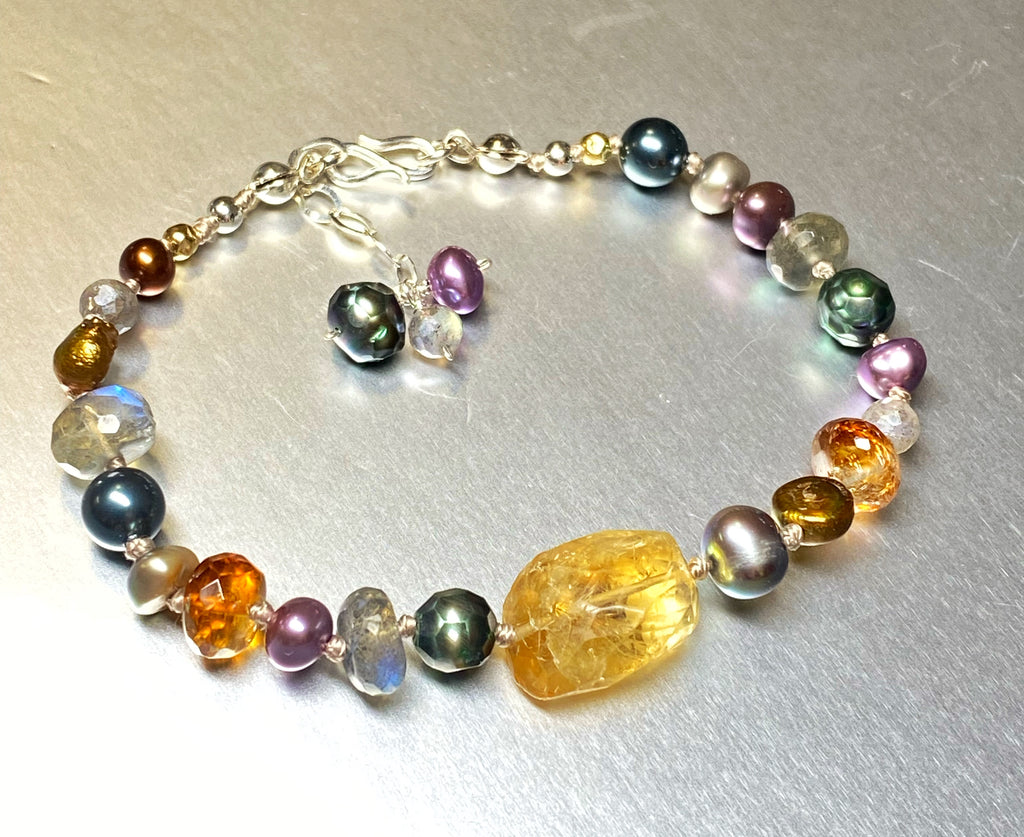 Citrine, Gemstone and Pearl Silk Knotted Bracelet, Adjustable