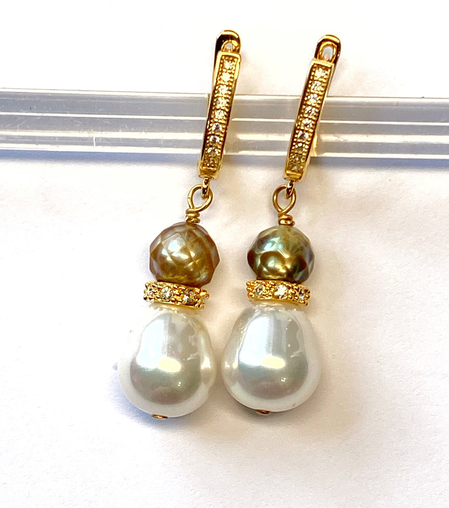 Gold Laser Faceted Pearl Earrings