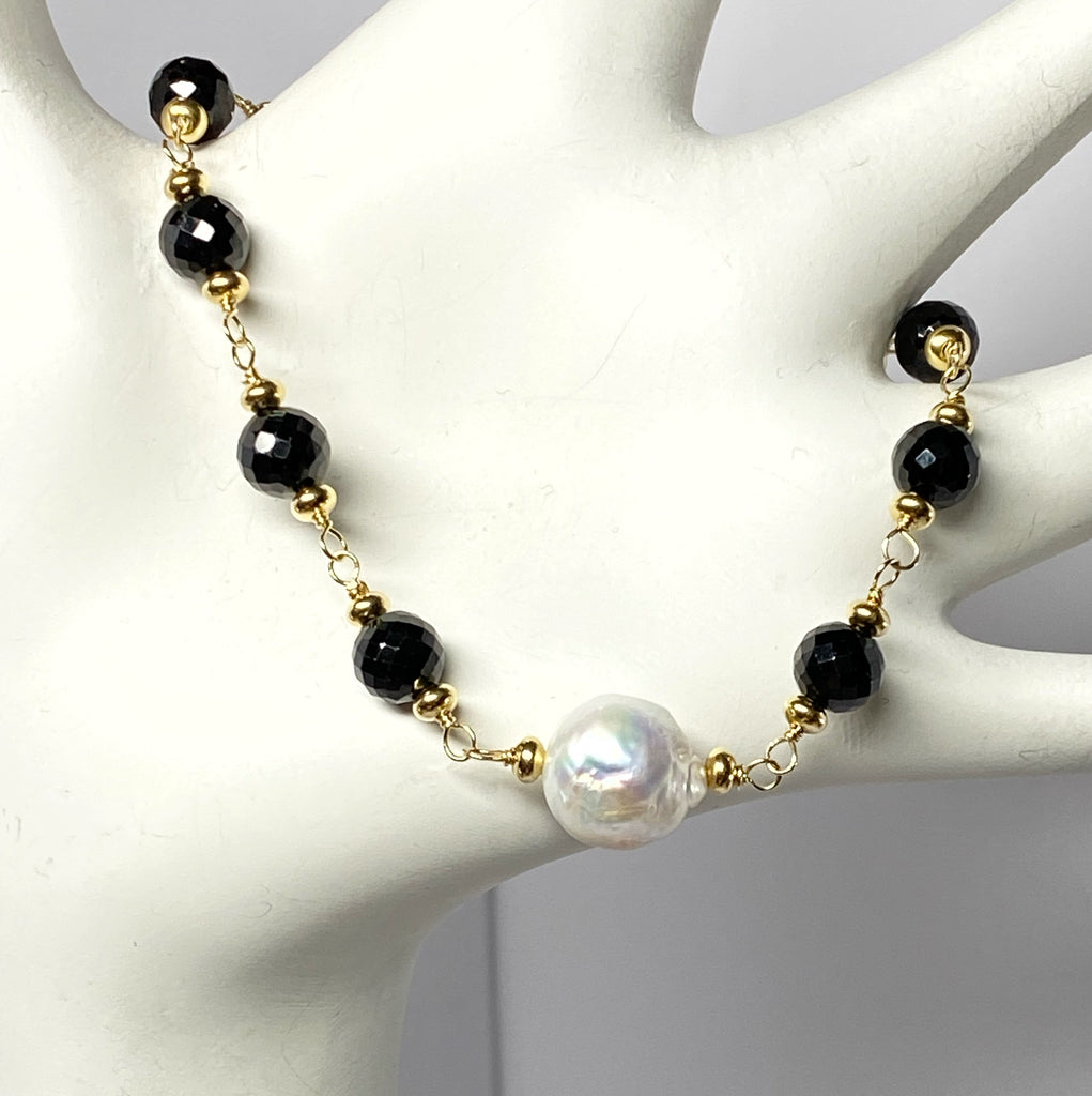 Edison Pearl, Black Spinel Gold Fill Rosary Style Clasp Bracelet