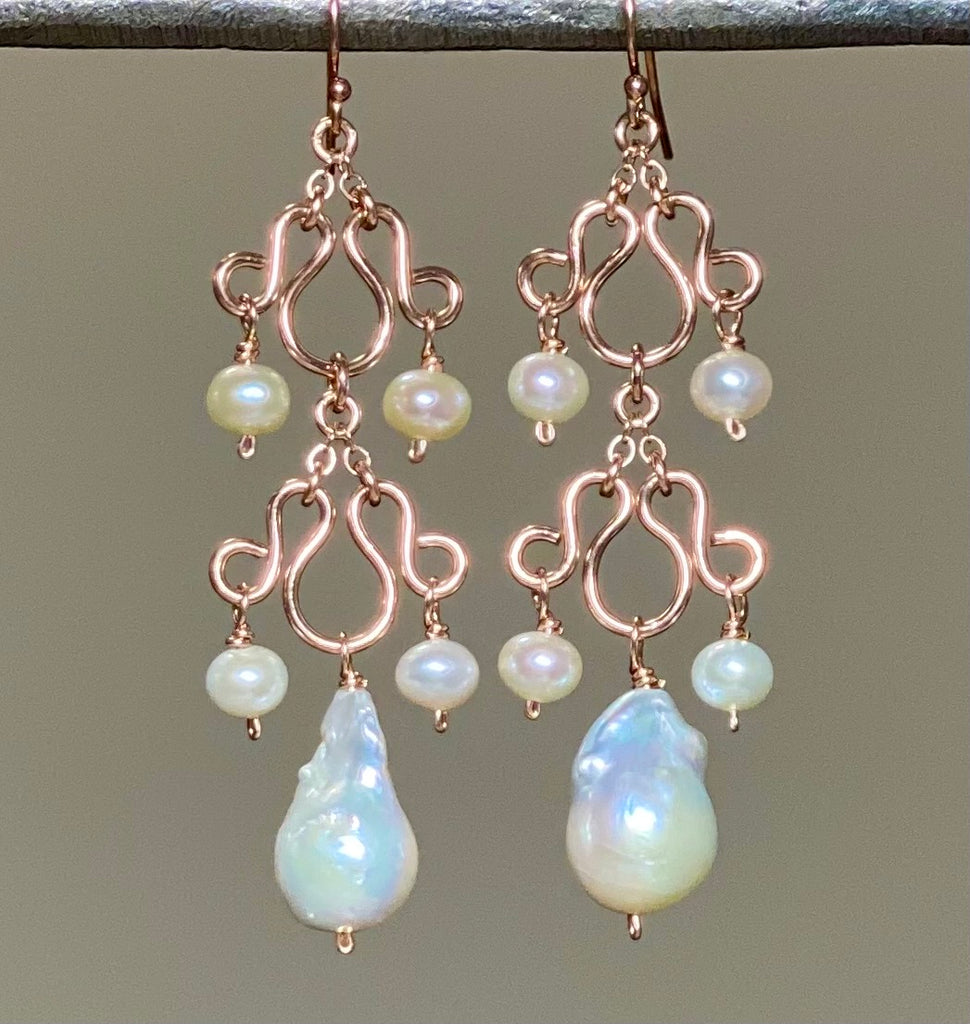 baroque pearl rose gold chandelier earrings