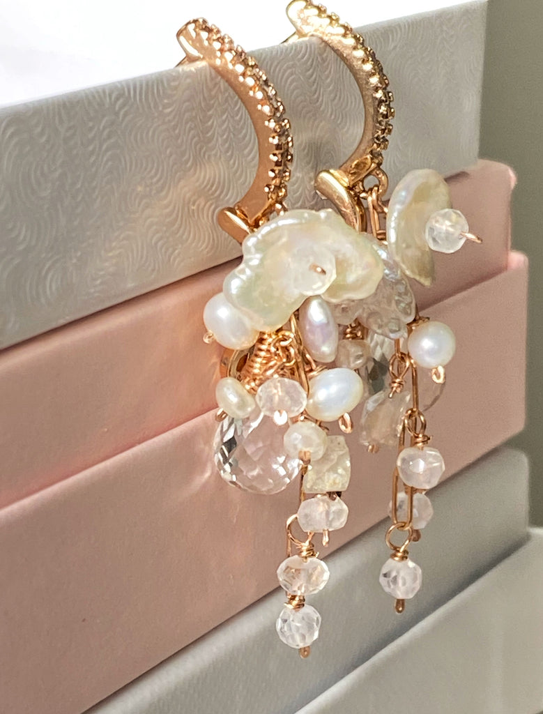 Rose Gold Crystal Quartz Bridal Dangle Earrings with Keishi Pearls