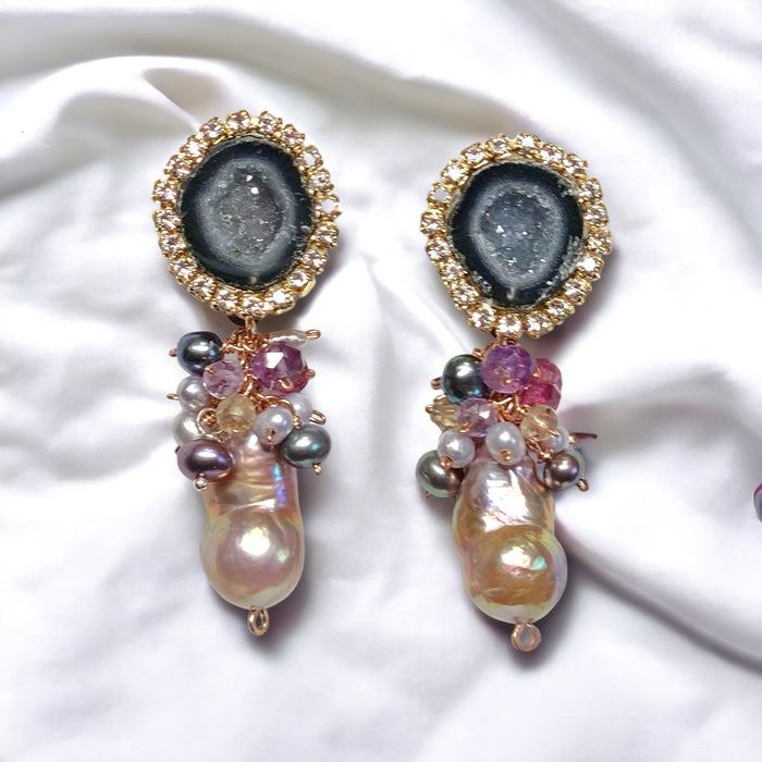 Black Tabasco Geode Earrings with Baroque Pearl Clusters