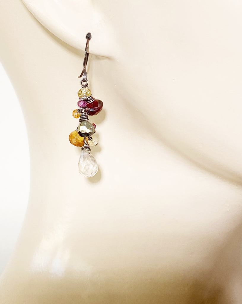 Garnet Oxidized Silver Multicolor Gem Dangle Earrings